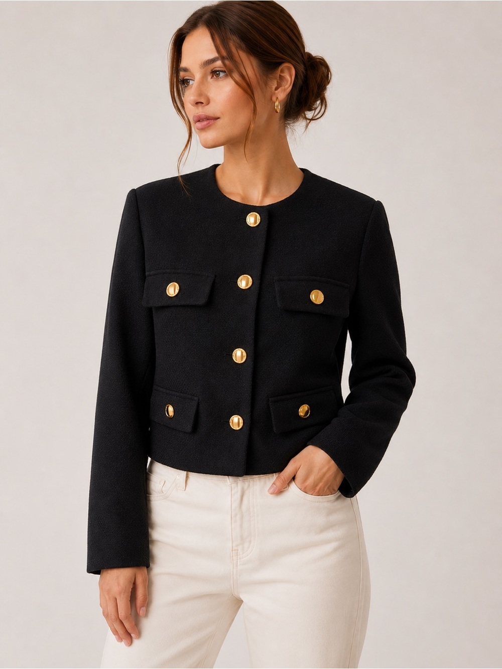 Zara Black Gold Button Cropped Textured Blazer Jacket Size M